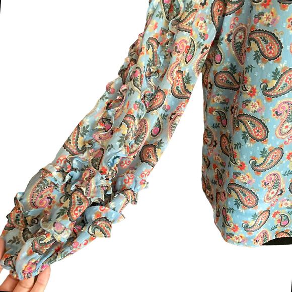 Boden Blue Multicolor Paisley Blouse Ruffle Trimmed Long Sleeve Popover Size 10 - Picture 7 of 11